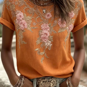 Women Floral Short Sleeve Tee T-shirt Crew Neck Vintage Summer Top, JustFashionNow T-Shirts, color:Orange|size:4XL