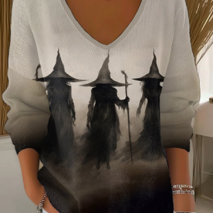 Women Halloween Long Sleeve Tee T-shirt V Neck Printing Casual Spring/Fall Top, JustFashionNow T-Shirts, color:Gray|size:5XL