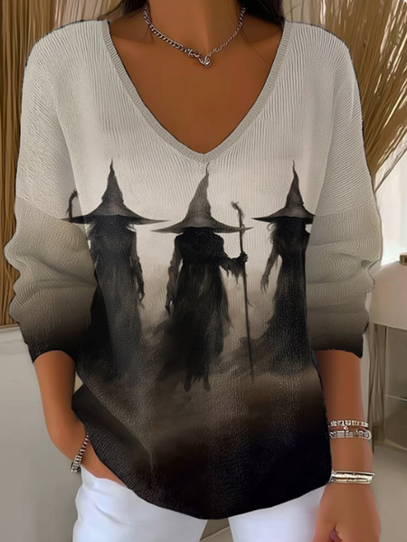Women Halloween Long Sleeve Tee T-shirt V Neck Printing Casual Spring/Fall Top, JustFashionNow T-Shirts, color:Gray|size:5XL