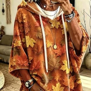Women Maple Leaf Half Sleeve Casual Daily Spring/Fall Hoodie, JustFashionNow Sweatshirts & Hoodies, color:As Picture|size:5XL