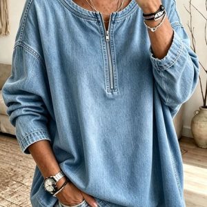 Women Plain Half Open Collar Half-Zip Vintage Spring/Fall Long Sleeve Sweatshirt, JustFashionNow Sweatshirts & Hoodies, color:Light Blue|size:3XL