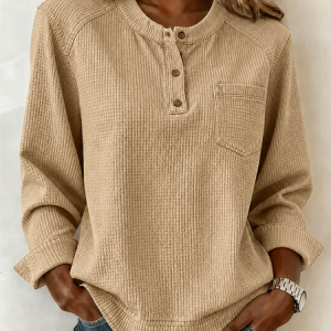 Women Geometric Half Open Collar Button Detail Casual Spring/Fall Long Sleeve Sweatshirt, JustFashionNow Sweatshirts & Hoodies, color:Khaki|size:5XL