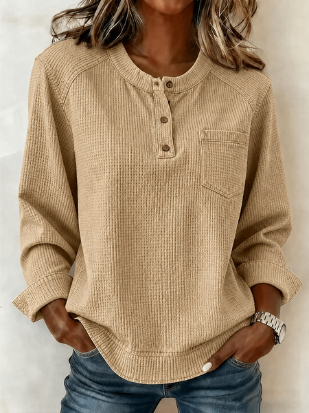 Women Geometric Half Open Collar Button Detail Casual Spring/Fall Long Sleeve Sweatshirt, JustFashionNow Sweatshirts & Hoodies, color:Khaki|size:5XL