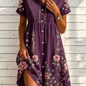 Women Floral Short Sleeve Shirt Collar Dress Daily Casual Midi A-Line Summer Dress, JustFashionNow Dresses, color:Deep Purple|size:4XL