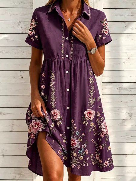 Women Floral Short Sleeve Shirt Collar Dress Daily Casual Midi A-Line Summer Dress, JustFashionNow Dresses, color:Deep Purple|size:4XL