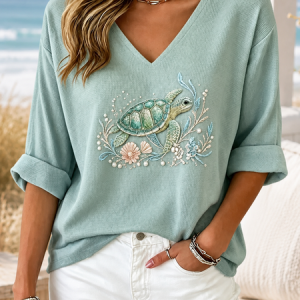 Women Marine Life Half Sleeve Tee T-shirt V Neck Vintage Summer Top, JustFashionNow T-Shirts, color:Lightgreen|size:5XL