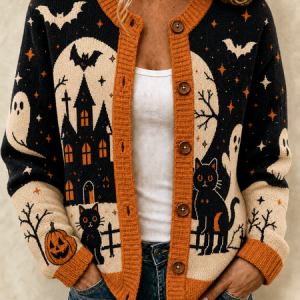 Women Color Block Long Sleeve Crew Neck Vintage Spring/Fall Cardigan Outerwear, JustFashionNow Cardigans, color:Black|size:5XL