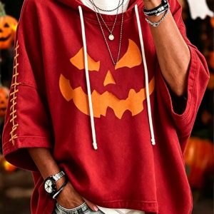 Women Halloween Half Sleeve Casual Holiday Spring/Fall Hoodie, JustFashionNow Sweatshirts & Hoodies, color:Red|size:5XL