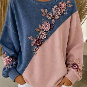 Women Floral Crew Neck Casual Spring/Fall Long Sleeve Sweatshirt, JustFashionNow Sweatshirts & Hoodies, color:Multicolor|size:5XL