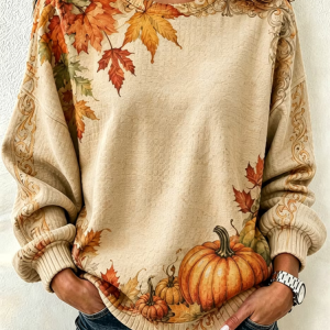 Women Maple Leaf Crew Neck Printing Casual Spring/Fall Long Sleeve Sweatshirt, JustFashionNow Sweatshirts & Hoodies, color:Khaki|size:5XL