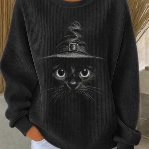 Women Cat Crew Neck Printing Casual Spring/Fall Long Sleeve Sweatshirt, JustFashionNow Sweatshirts & Hoodies, color:Black|size:5XL