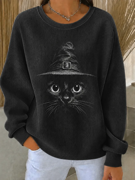 Women Cat Crew Neck Printing Casual Spring/Fall Long Sleeve Sweatshirt, JustFashionNow Sweatshirts & Hoodies, color:Black|size:5XL