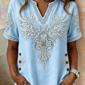 Women Abstract Short Sleeve Tee T-shirt V Neck Printing Casual Summer Top, JustFashionNow T-Shirts, color:Blue|size:5XL