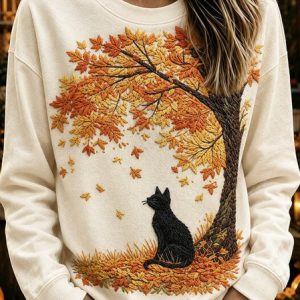 Women Cat Crew Neck Casual Spring/Fall Long Sleeve Sweatshirt, JustFashionNow Sweatshirts & Hoodies, color:Off White|size:5XL