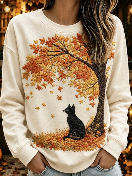 Women Cat Crew Neck Casual Spring/Fall Long Sleeve Sweatshirt, JustFashionNow Sweatshirts & Hoodies, color:Off White|size:5XL