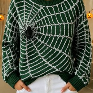 Women Spider Web Pattern Crew Neck Casual Spring/Fall Long Sleeve Sweatshirt, JustFashionNow Sweatshirts & Hoodies, color:Green|size:5XL