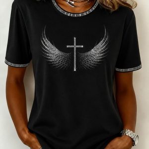 Women Cross Short Sleeve Tee T-shirt Crew Neck Casual Summer Top, JustFashionNow T-Shirts, color:Black|size:5XL