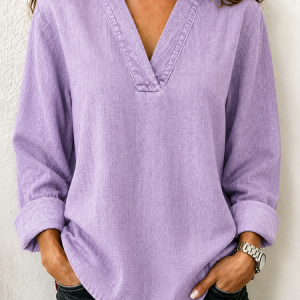 Women Plain V Neck Long Sleeve Blouse Casual Daily Spring/Fall Top, JustFashionNow Blouses, color:Purple|size:5XL