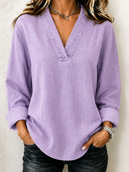 Women Plain V Neck Long Sleeve Blouse Casual Daily Spring/Fall Top, JustFashionNow Blouses, color:Purple|size:5XL