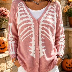 Women Skull Long Sleeve V Neck Casual Spring/Fall Cardigan Outerwear, JustFashionNow Cardigans, color:Pink|size:5XL