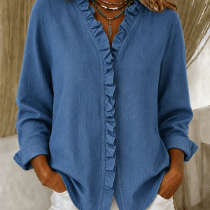 Women Plain Shirt Collar Long Sleeve Shirt Printing Vintage Daily Spring/Fall Top, JustFashionNow Shirts, color:Denim Blue|size:5XL