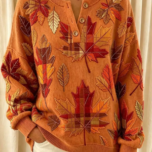 Women Geometric Henley Collar Vintage Spring/Fall Long Sleeve Sweatshirt, JustFashionNow Hoodies, color:Orange|size:5XL
