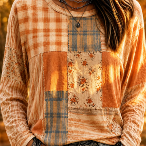 Women Floral Long Sleeve Tee T-shirt Crew Neck Printing Casual Graphic Tee Spring/Fall Top, JustFashionNow T-Shirts, color:Orange|size:5XL