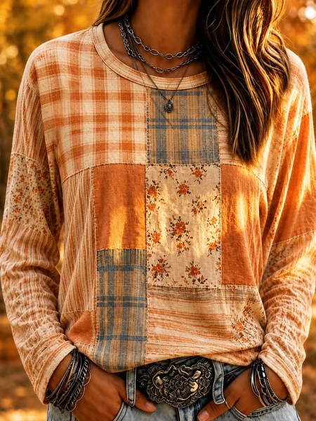Women Floral Long Sleeve Tee T-shirt Crew Neck Printing Casual Graphic Tee Spring/Fall Top, JustFashionNow T-Shirts, color:Orange|size:5XL