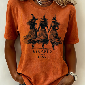 Women Halloween Short Sleeve Tee T-shirt Crew Neck Vintage Summer Top, JustFashionNow T-Shirts, color:Orange|size:3XL