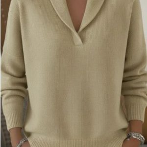 Women Plain Casual Long Sleeve V Neck Spring/Fall Sweater, JustFashionNow Sweaters, color:Khaki|size:4XL