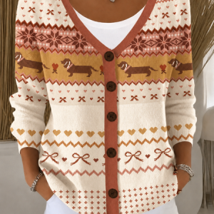 Regular Fit Casual Dog Knit Top, JustFashionNow Cardigans, color:Yellow Brown|size:5XL