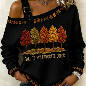 Women Maple Leaf Asymmetrical Buckle Casual Spring/Fall Long Sleeve Sweatshirt, JustFashionNow Sweatshirts & Hoodies, color:Black|size:5XL