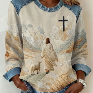 Women Cross Crew Neck Printing Vintage Spring/Fall Long Sleeve Sweatshirt, JustFashionNow Sweatshirts & Hoodies, color:As Picture|size:4XL