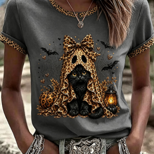 Women Leopard Short Sleeve Tee T-shirt Crew Neck Printing Casual Graphic Tee Summer Top, JustFashionNow T-Shirts, color:Gray|size:5XL