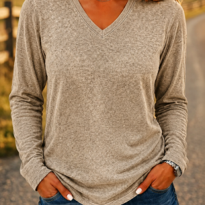 Women Plain Long Sleeve Tee T-shirt V Neck Casual Spring/Fall Top, JustFashionNow T-Shirts, color:Khaki|size:5XL