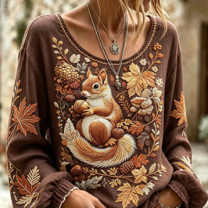 Women Animal Crew Neck Long Sleeve Blouse Printing Casual Daily Spring/Fall Top, JustFashionNow Blouses, color:Brown|size:5XL