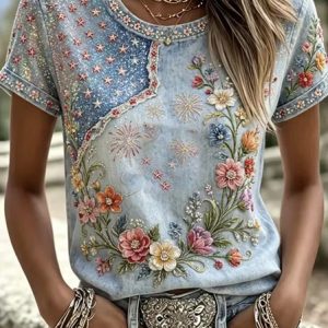 Women Floral Short Sleeve Tee T-shirt Crew Neck Casual Summer Top, JustFashionNow T-Shirts, color:Light Blue|size:5XL