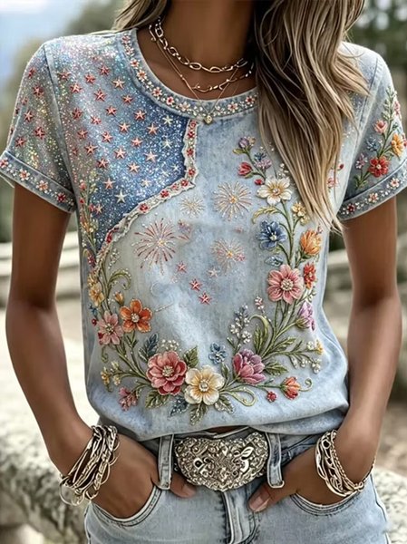 Women Floral Short Sleeve Tee T-shirt Crew Neck Casual Summer Top, JustFashionNow T-Shirts, color:Light Blue|size:5XL