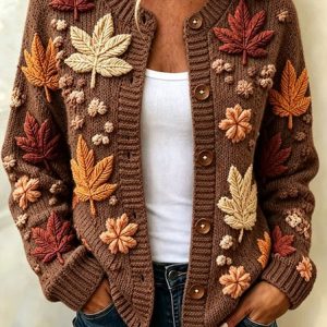 Women Maple Leaf Long Sleeve Crew Neck Casual Spring/Fall Cardigan Outerwear, JustFashionNow Cardigans, color:Coffee|size:5XL