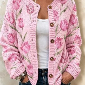 Women Floral Long Sleeve Crew Neck Casual Spring/Fall Cardigan Outerwear, JustFashionNow Cardigans, color:Pink|size:5XL