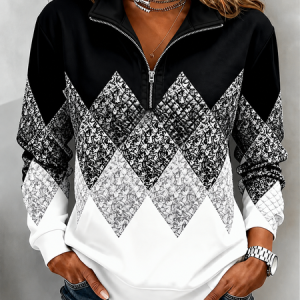 Women Abstract Stand Collar Printing Casual Spring/Fall Long Sleeve Sweatshirt, JustFashionNow Sweatshirts & Hoodies, color:Black|size:5XL