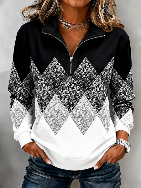 Women Abstract Stand Collar Printing Casual Spring/Fall Long Sleeve Sweatshirt, JustFashionNow Sweatshirts & Hoodies, color:Black|size:5XL