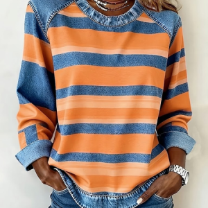 Women Abstract Stripes Crew Neck Printing Vintage Spring/Fall Long Sleeve Sweatshirt, JustFashionNow Sweatshirts & Hoodies, color:Orange|size:4XL