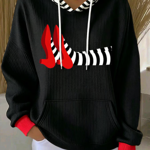 Women Striped Printing Long Sleeve Vintage Holiday Spring/Fall Hoodie, JustFashionNow Sweatshirts & Hoodies, color:Black|size:XS