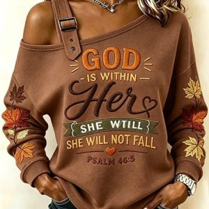 Women Text Letters One Shoulder Vintage Spring/Fall Long Sleeve Sweatshirt, JustFashionNow Sweatshirts & Hoodies, color:Coffee|size:5XL