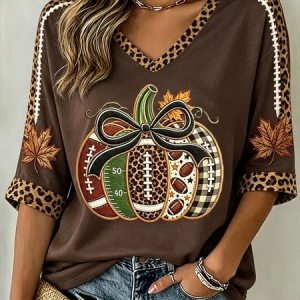 Women Leopard Half Sleeve Tee T-shirt V Neck Printing Vintage Summer Top, JustFashionNow T-Shirts, color:Brown|size:5XL