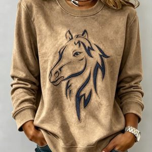 Women Horse Crew Neck Casual Spring/Fall Long Sleeve Sweatshirt, JustFashionNow Sweatshirts & Hoodies, color:Khaki|size:5XL