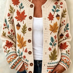 Women Maple Leaf Long Sleeve Crew Neck Casual Spring/Fall Cardigan Outerwear, JustFashionNow Cardigans, color:Off White|size:5XL