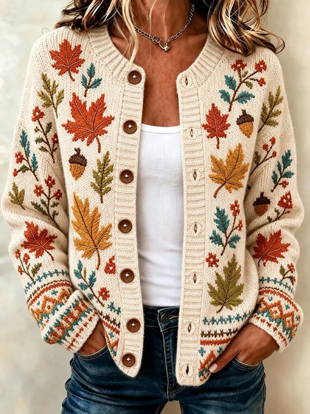 Women Maple Leaf Long Sleeve Crew Neck Casual Spring/Fall Cardigan Outerwear, JustFashionNow Cardigans, color:Off White|size:5XL