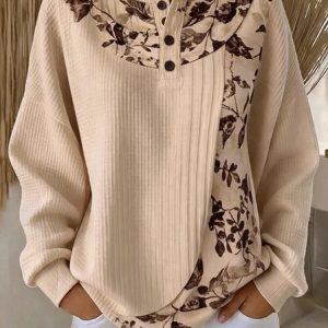 Women Floral Henley Collar Casual Spring/Fall Long Sleeve Sweatshirt, JustFashionNow Sweatshirts & Hoodies, color:Khaki|size:5XL